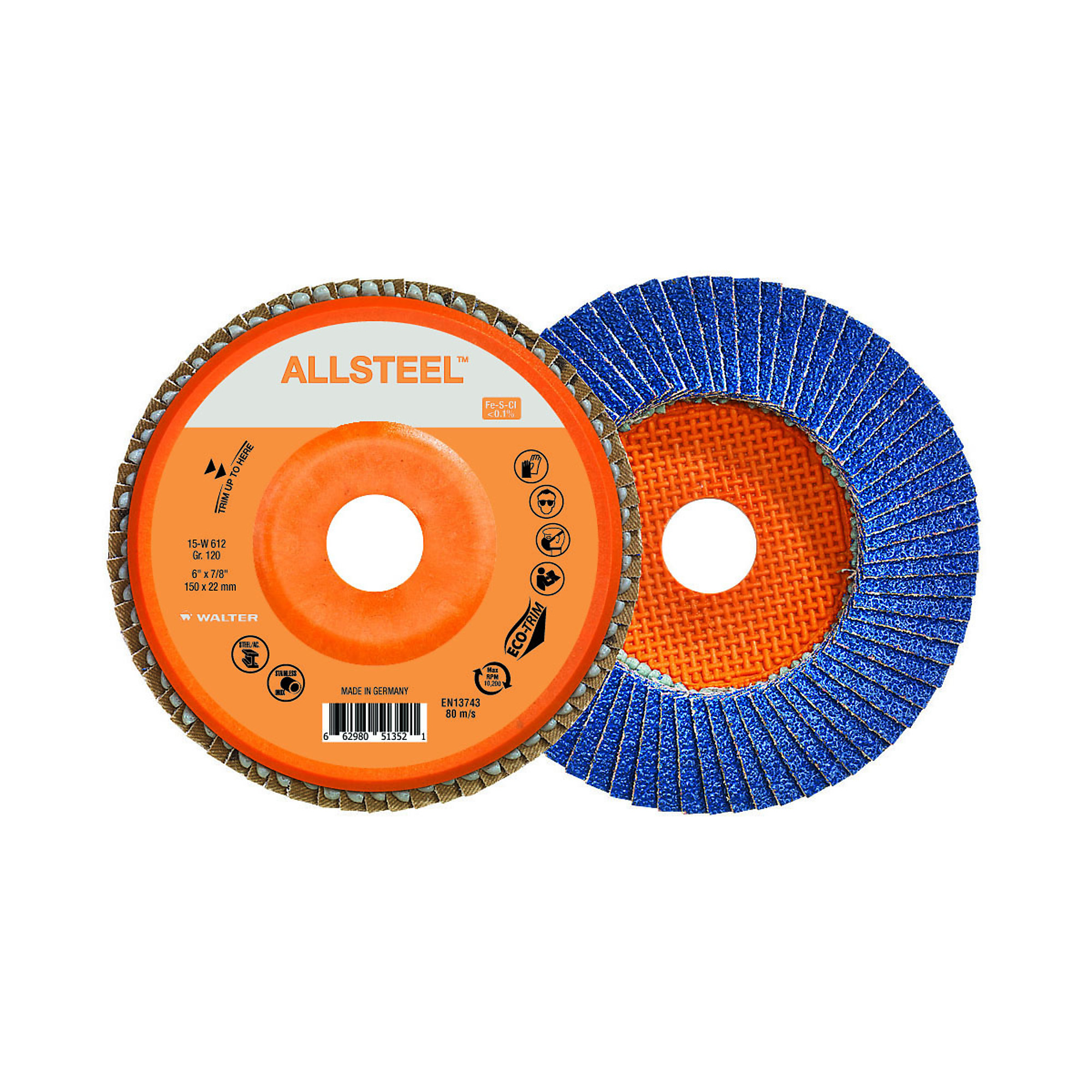 Walter Allsteel Flap Discs — 6in. x 7/8in., GR120, ECO-Trim, 10 Pk., Model# 15W612